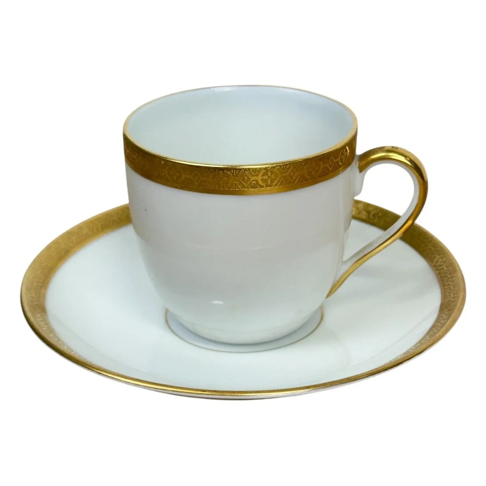 Vintage Victoria China‎ Czechoslovakia Cup Saucer Set White Gold Encrusted Trim